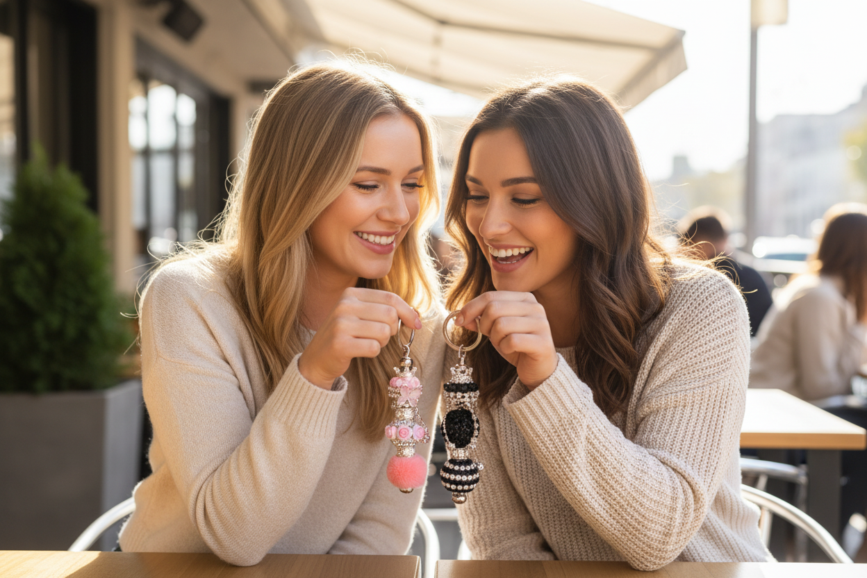 Pink or Black Sparkle Keychains lifestyle image with two people