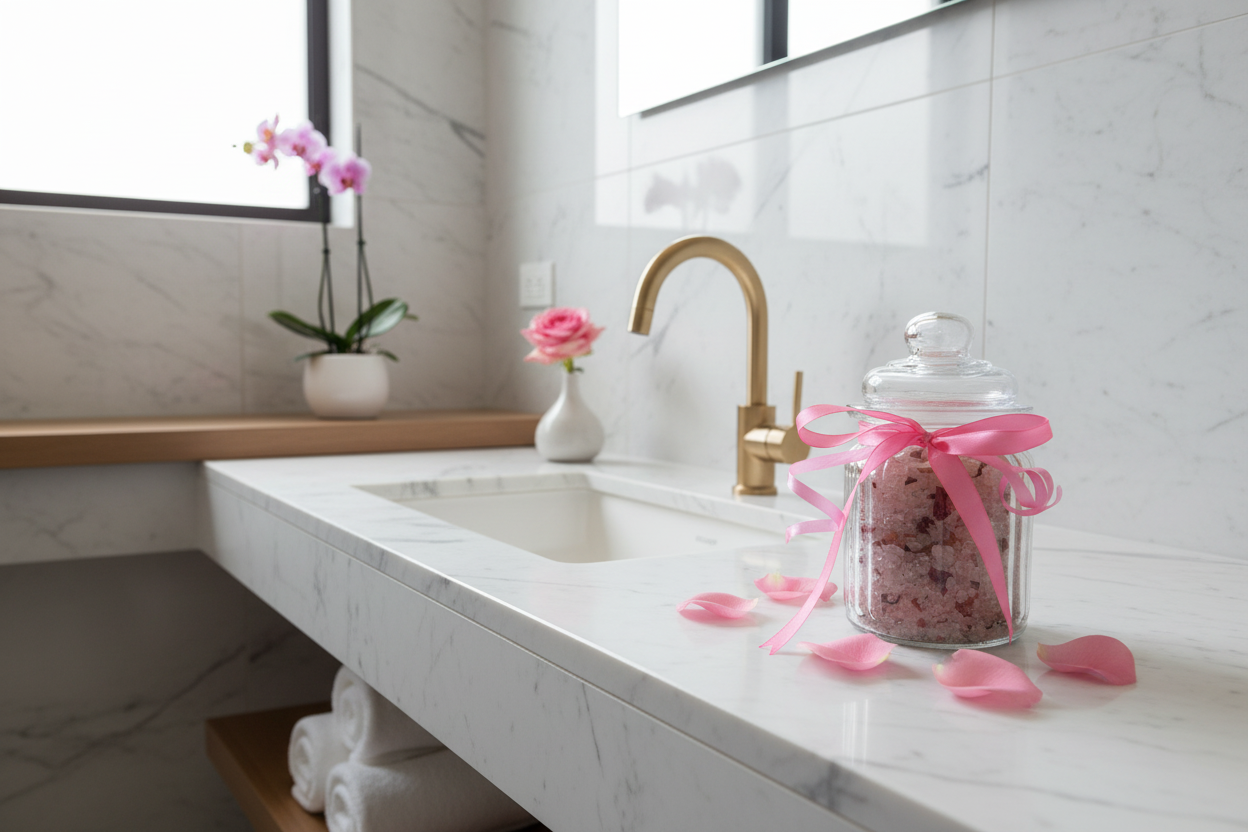 Pink Rose Bath Salts by bathroom sink