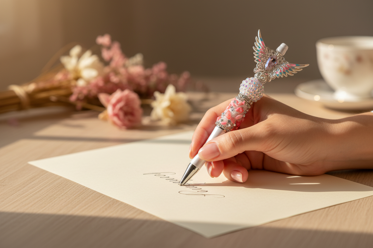 Pink Wing Pen lifestyle image with lady writing