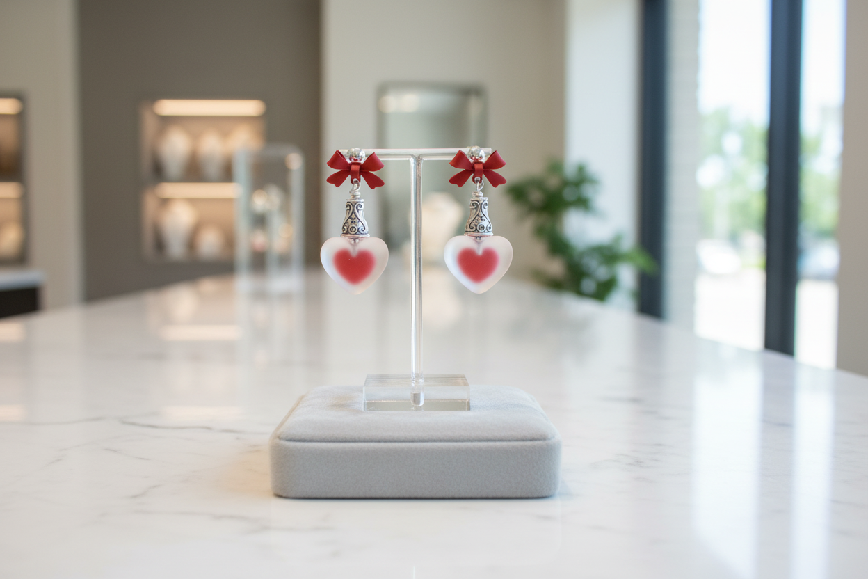 Red Bow Heart Earrings on Jewelry Counter