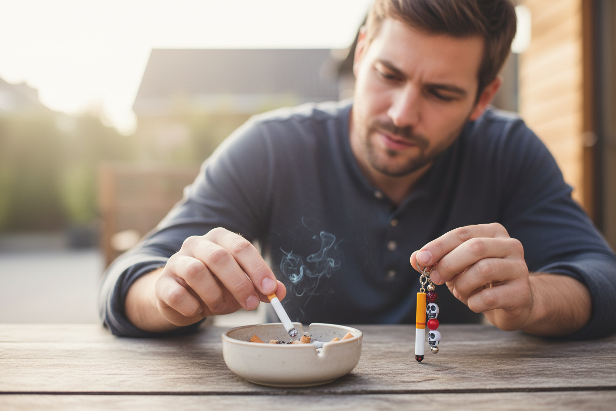 Stop Smoking Keychain lifestyle image with man putting out cigarette