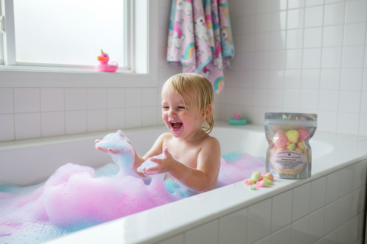 Unicorn Chunk Bath Splash with child having fun