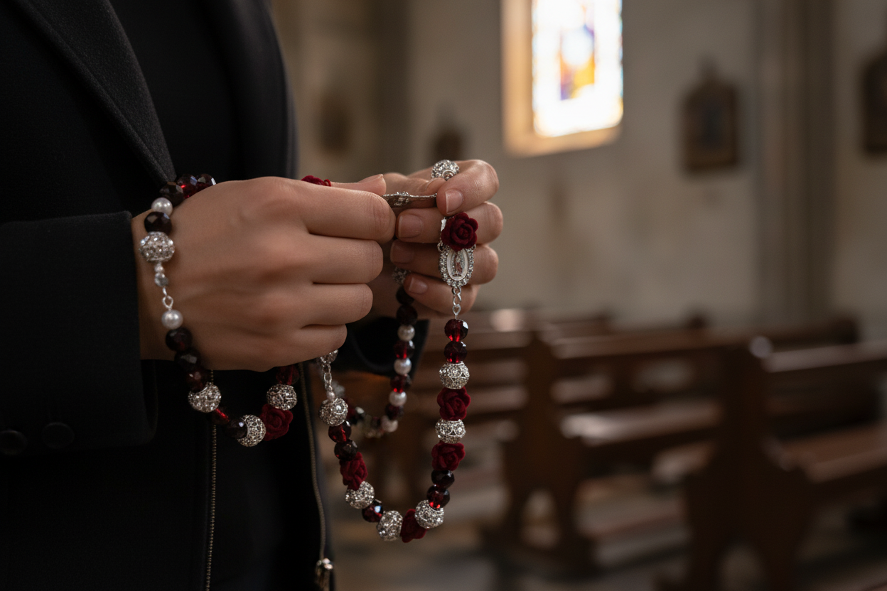 Woman counting beads on Beaded Rose Rosary