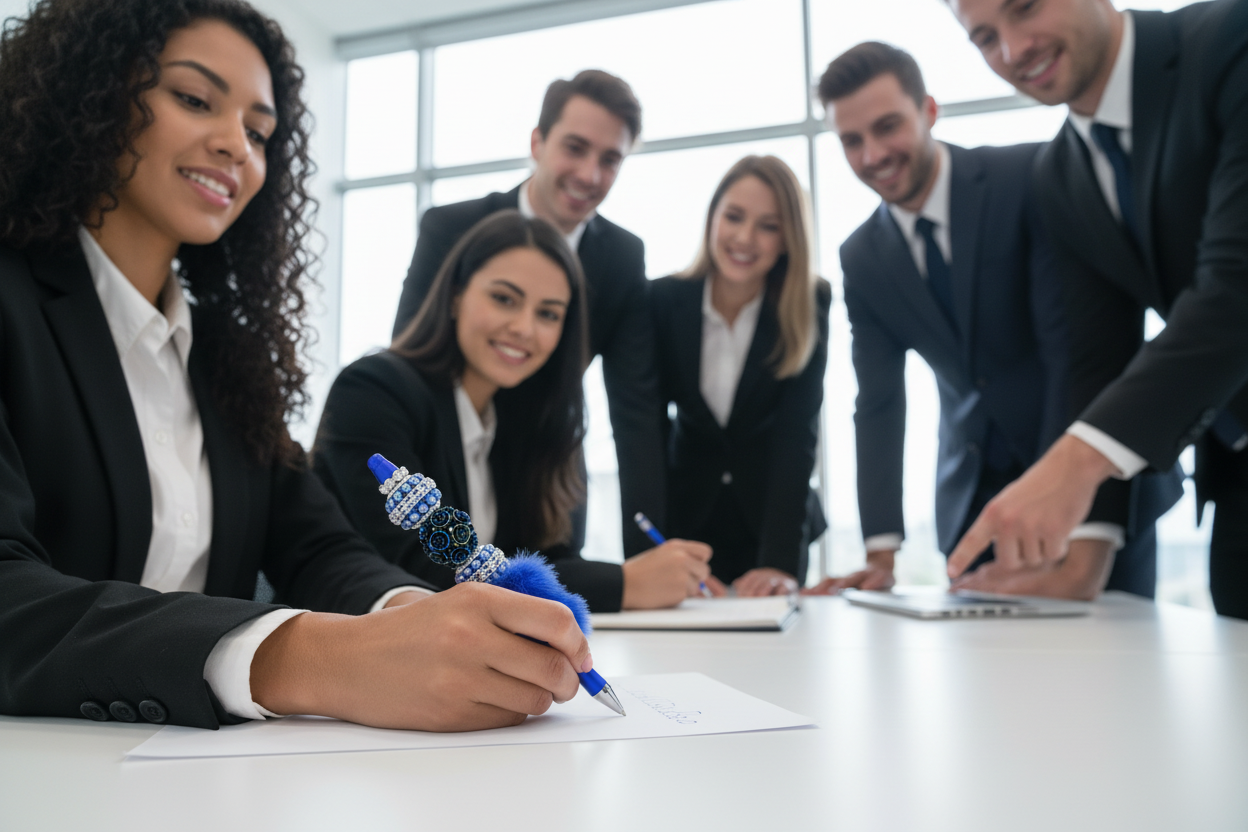 Woman holding and using Blue by You Pen with colleagues watching