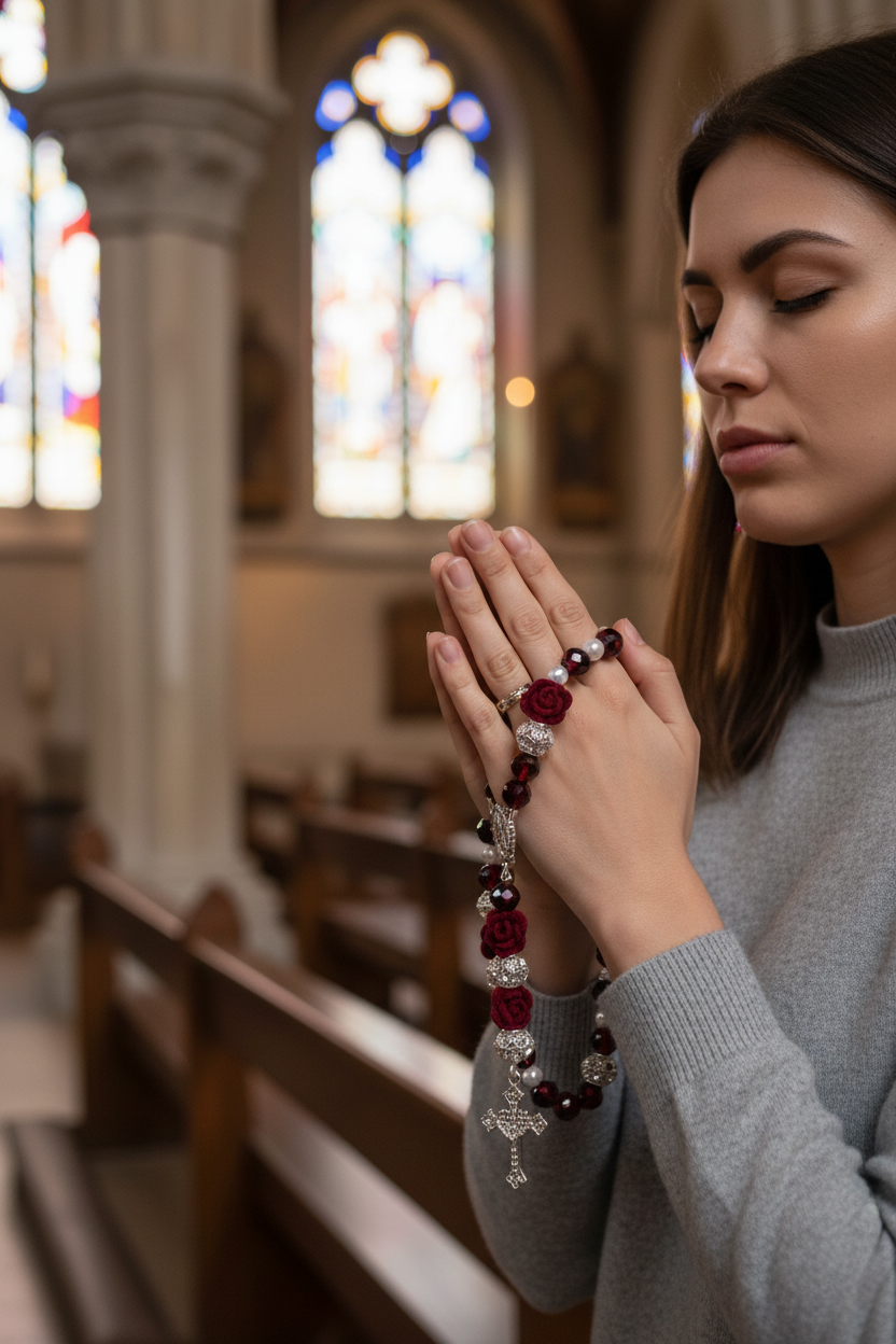 Woman praying with Beaded Rose Rosary clearly visible