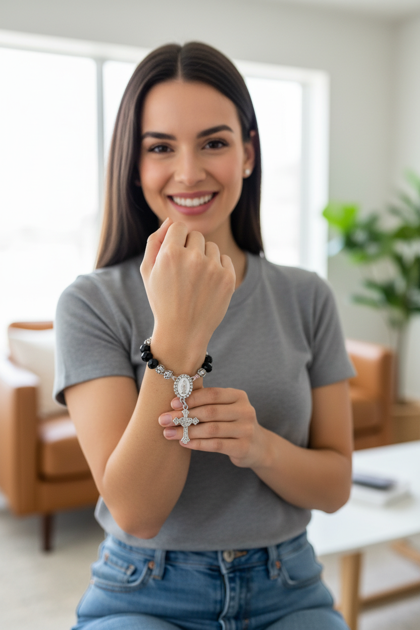 Woman showing off Black Bead Goth Rosary Bracelet