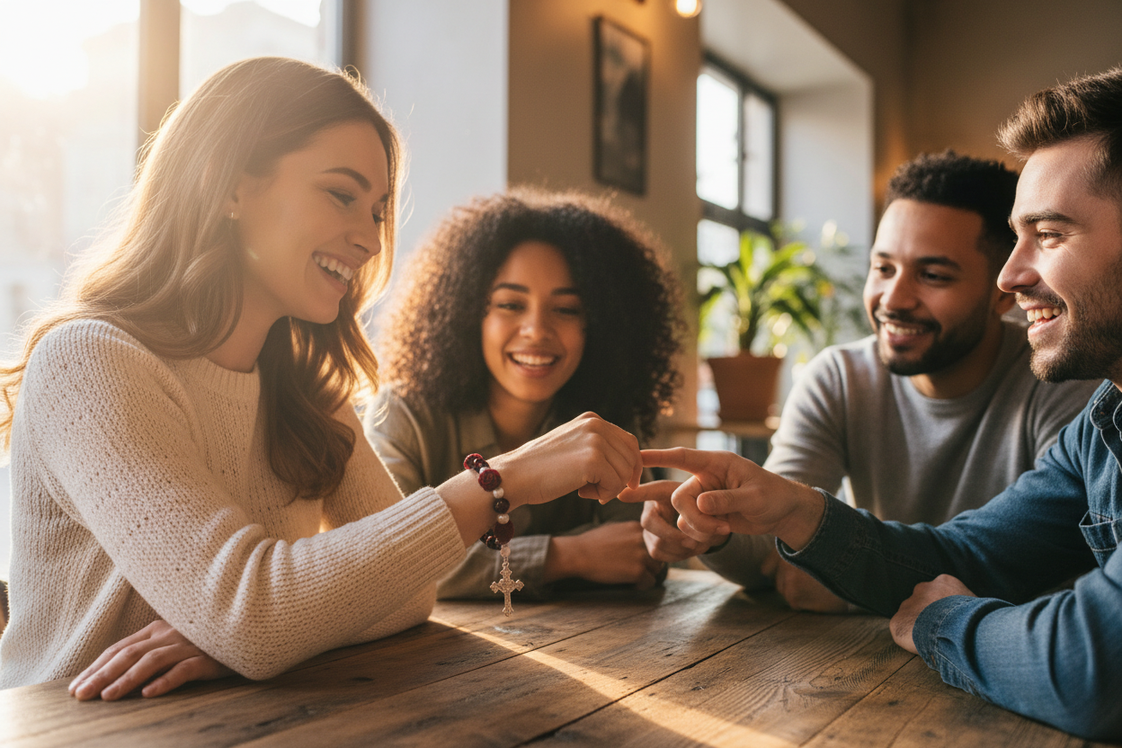 Woman showing off Rose Rosary Bracelet to friends