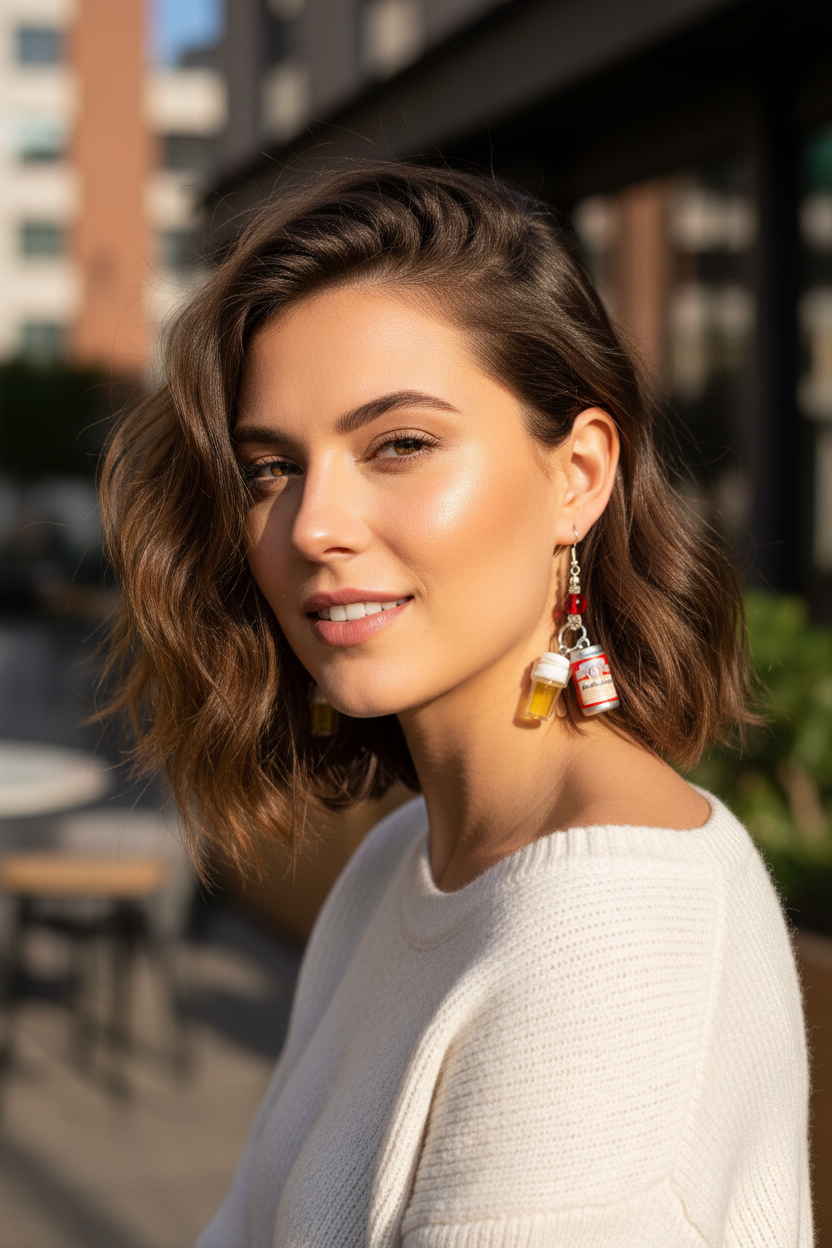 Woman wearing Budweiser Earrings