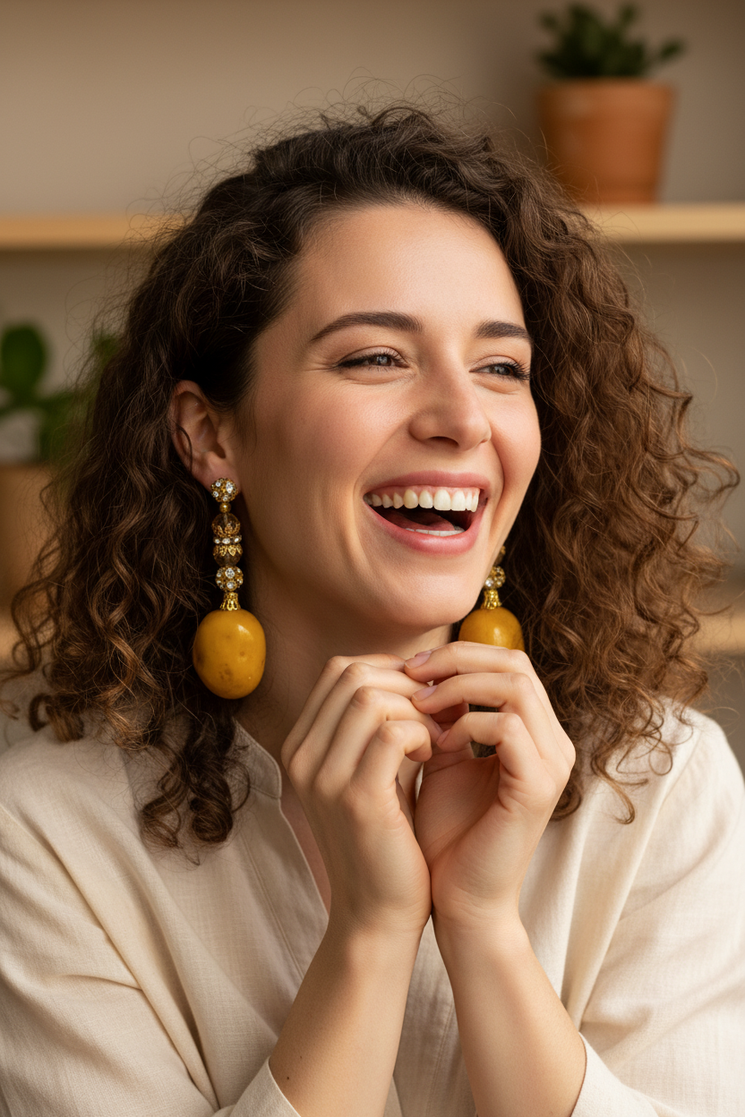Woman wearing Potatoe Earrings and laughing
